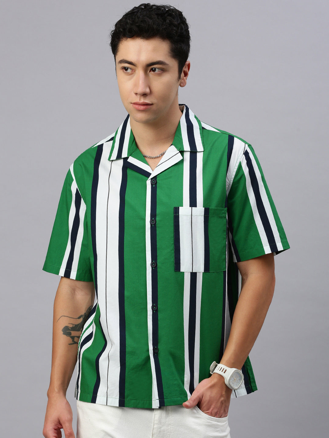 Stripe Half Sleeve Oversize Shirt With Pocket