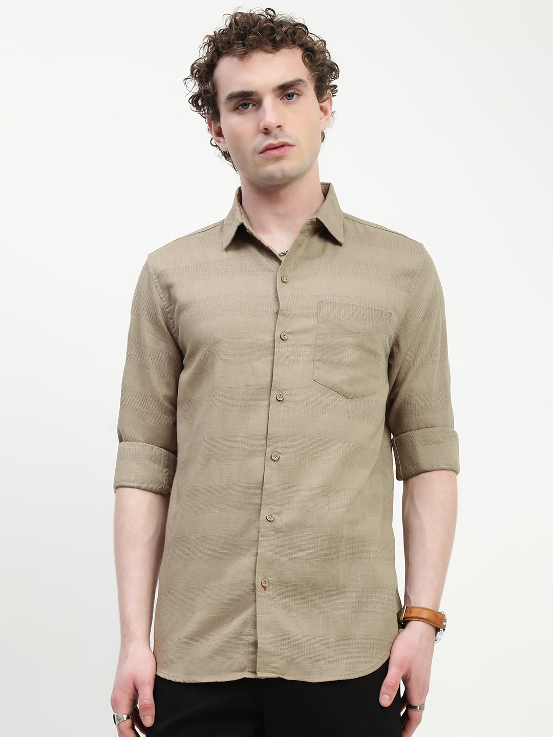 Beige Dobby Full Sleeve Slim Fit Shirt With Pocket