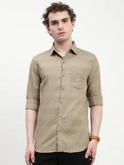 Beige Dobby Full Sleeve Slim Fit Shirt With Pocket
