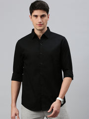 Black Solid Poplin Stretch Shirt Without Pocket