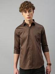 Caramel Brown Plain Satin Shirt Without Pocket