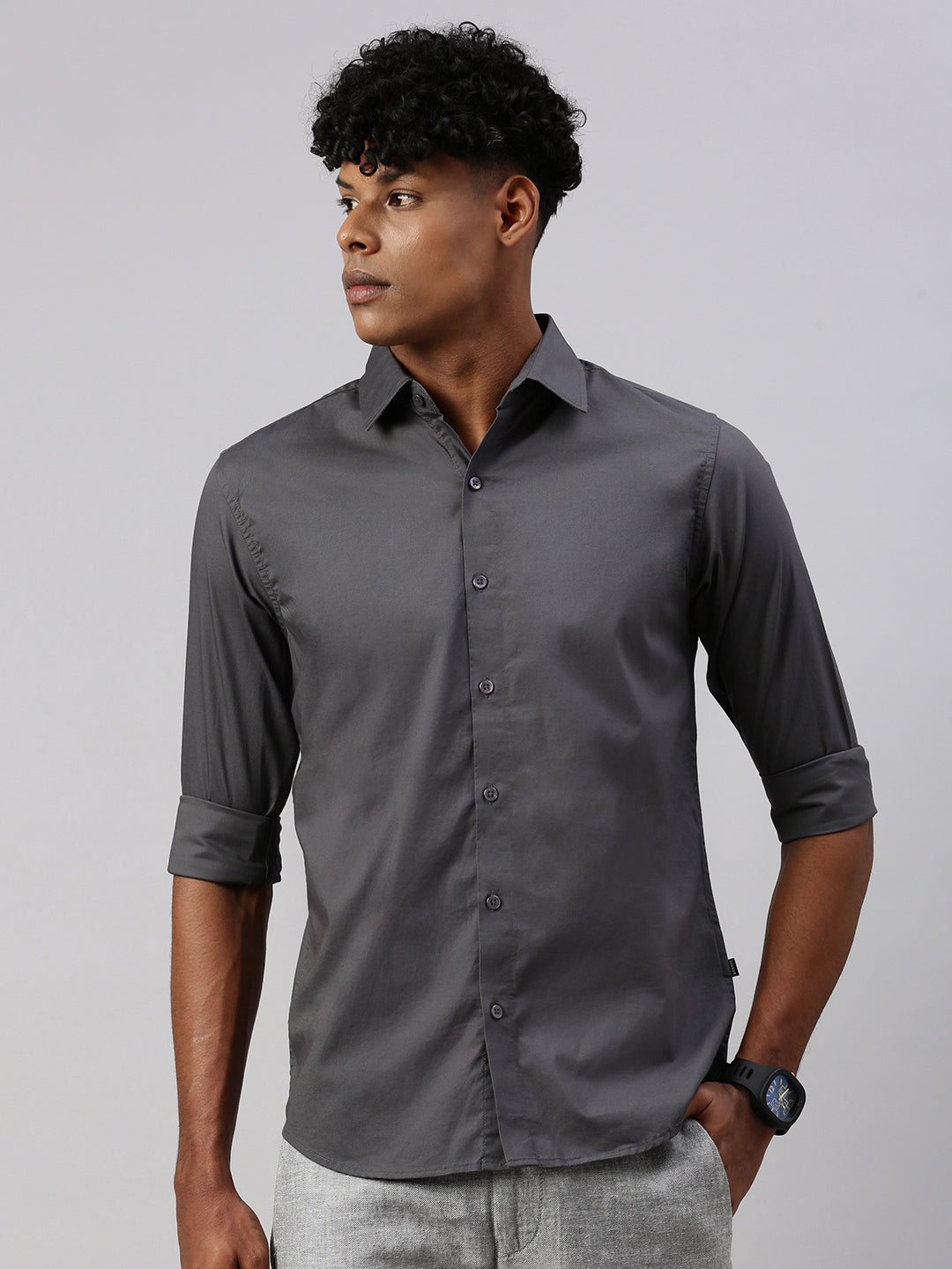 Gray Solid Poplin Stretch Shirt Without Pocket