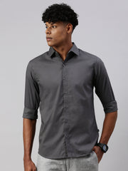 Gray Solid Poplin Stretch Shirt Without Pocket