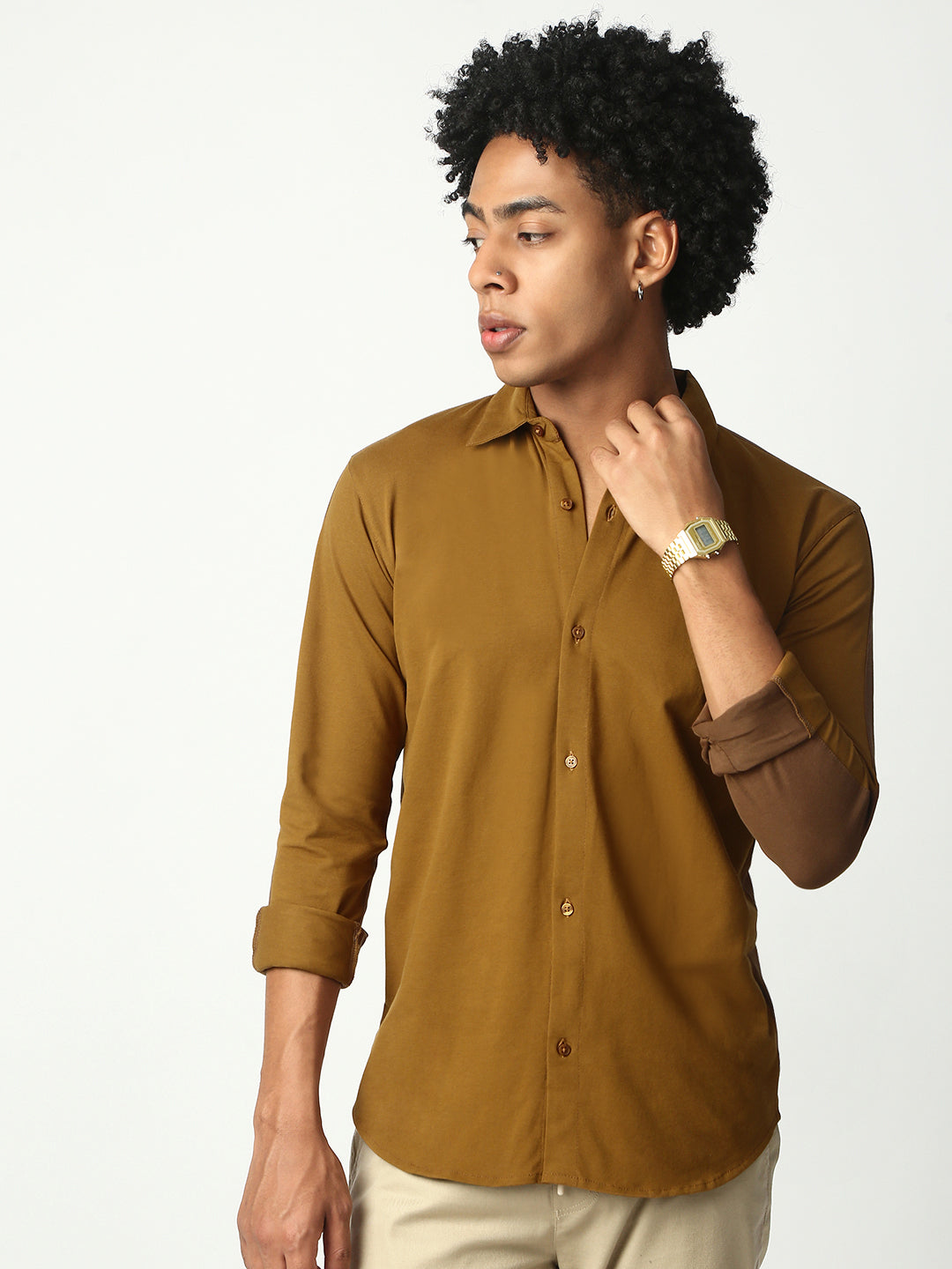 Brown Full Sleeve Slim Fit Shirt Without Pocket