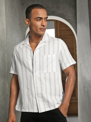 Self Stripe Half Sleeve Oversize Shirt With Pocket