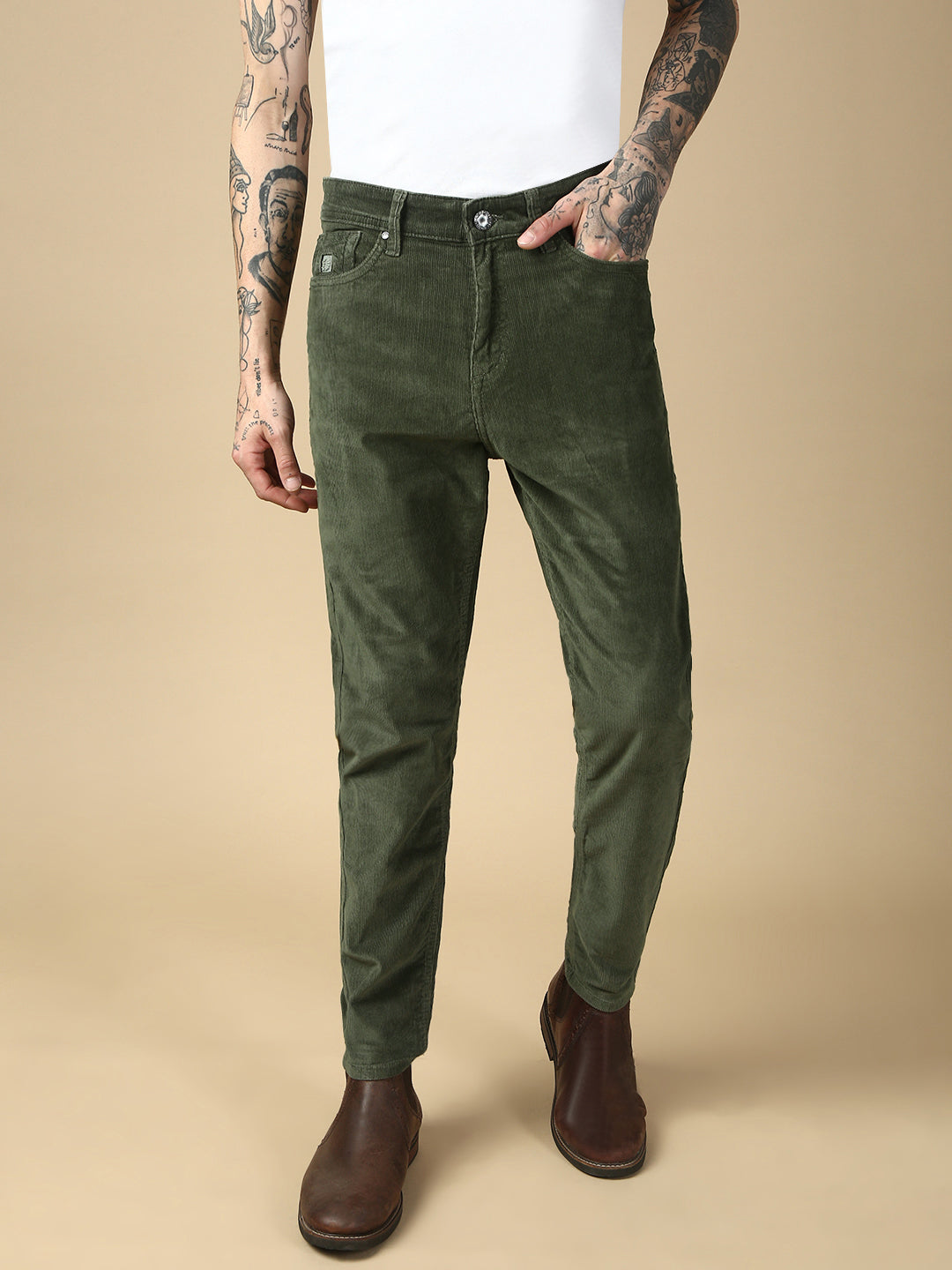 Dark Olive Green Corduray Baggt Fit Stretchable Jeans