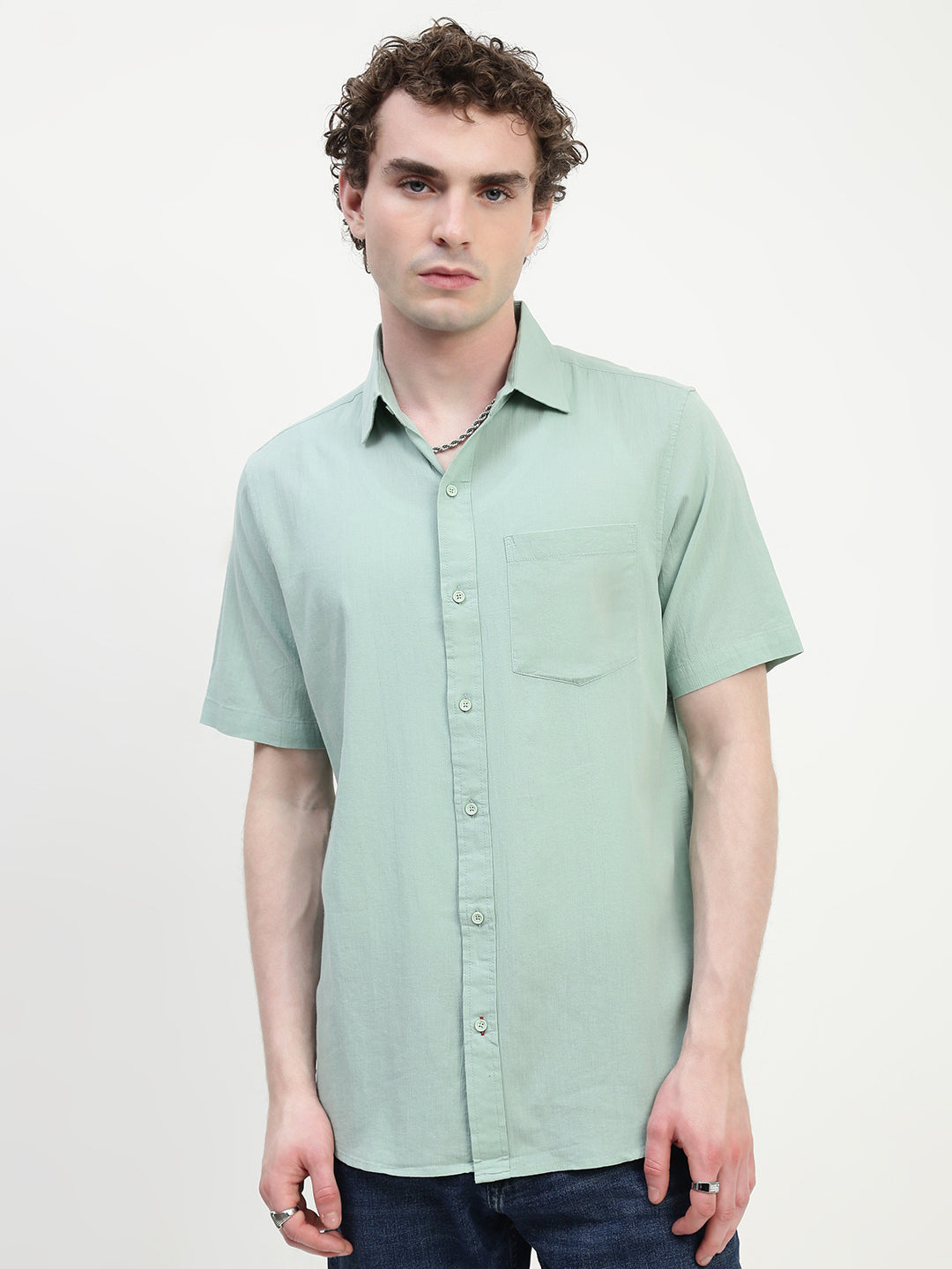 Mint Blue Half Sleeve Relsx Fit Shirt With Pocket