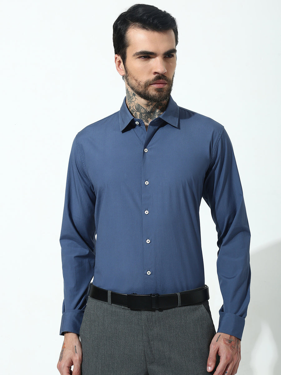 Smoky Blue Full Sleeve Slim Fit Shirt Without Pocket