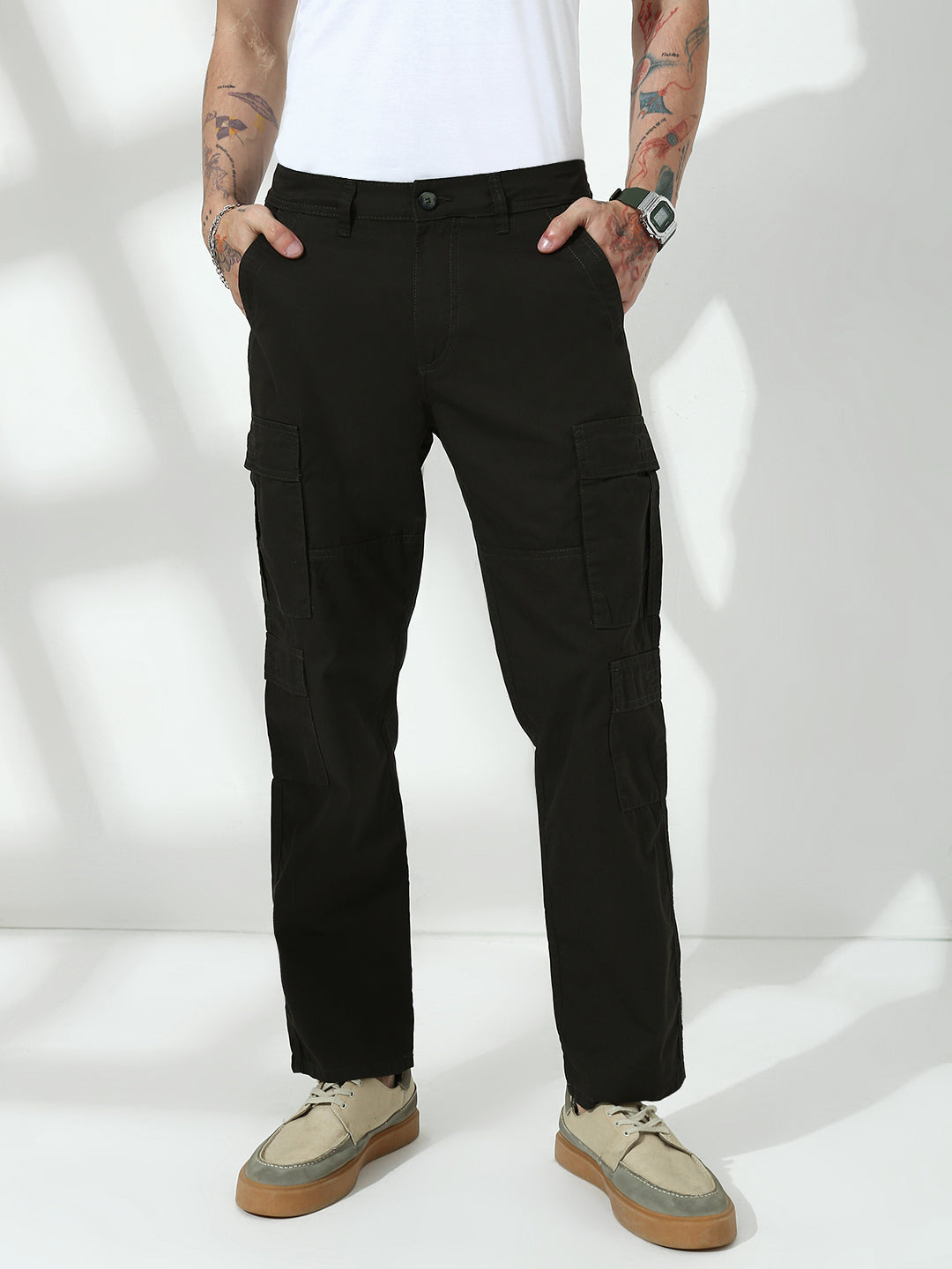 Olive Green 9 Pocket Regular Fit Cargo Paint