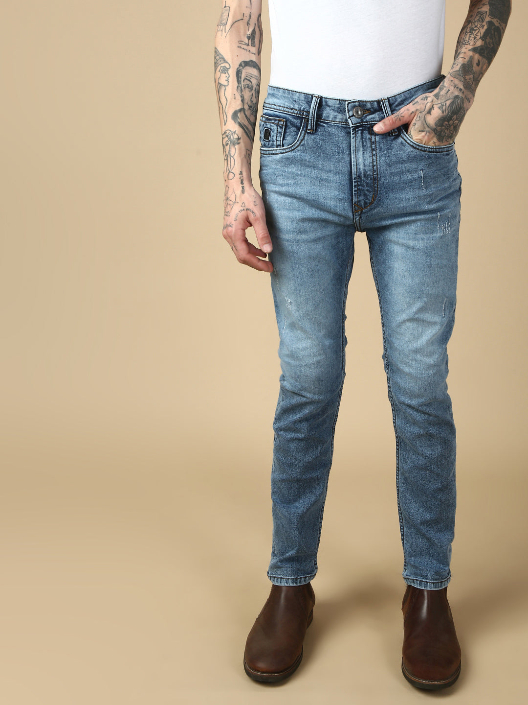 Light Blue Ripped Straight Stretchable Jeans
