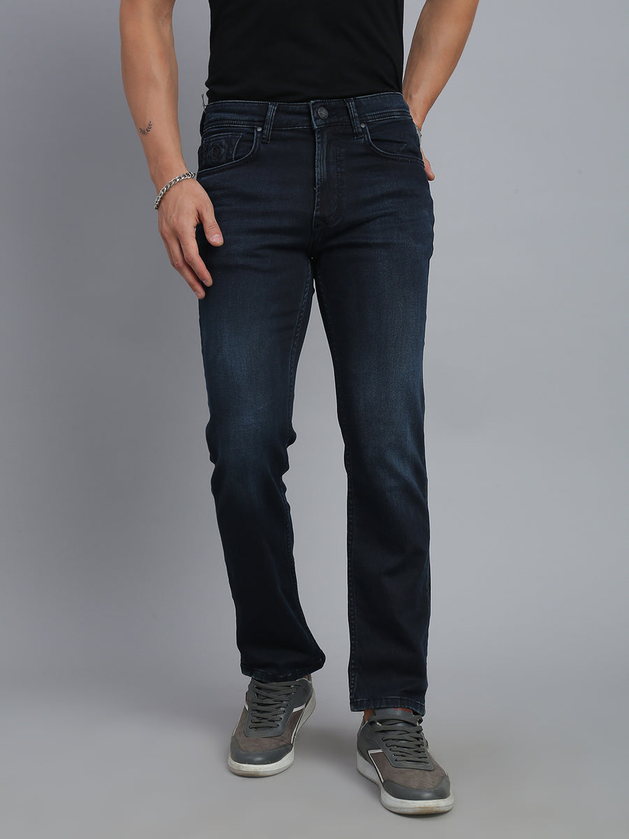 Dark Blue Regular Straight Fit Stretchable Jeans