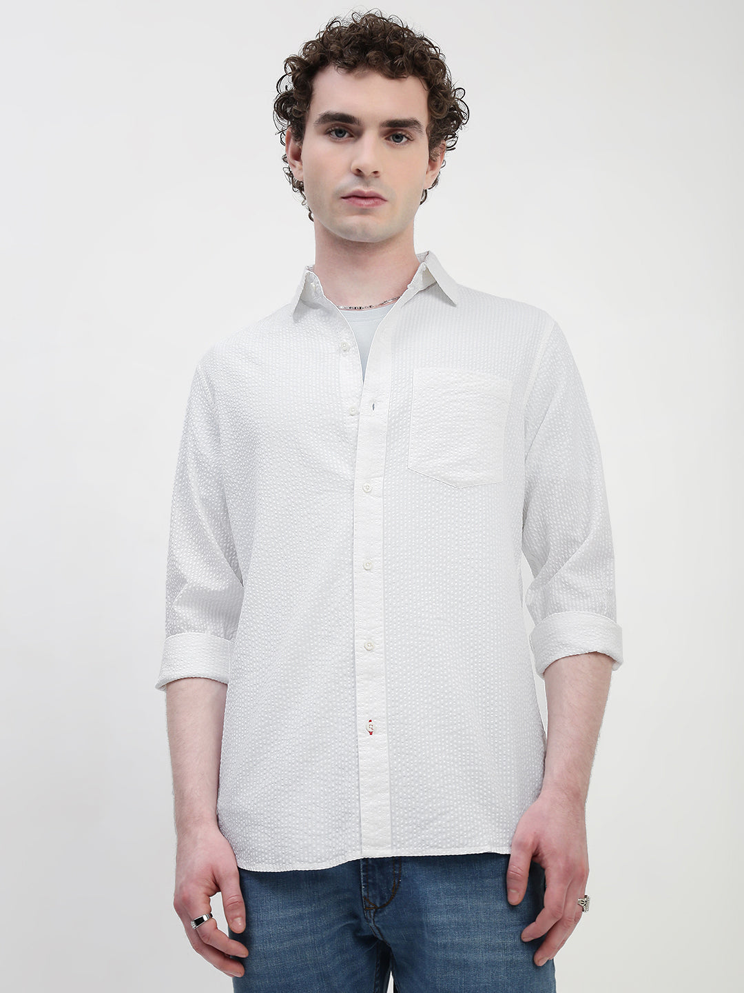 Seersucker White Full Sleeve Relsx Fit Shirt With Pocket