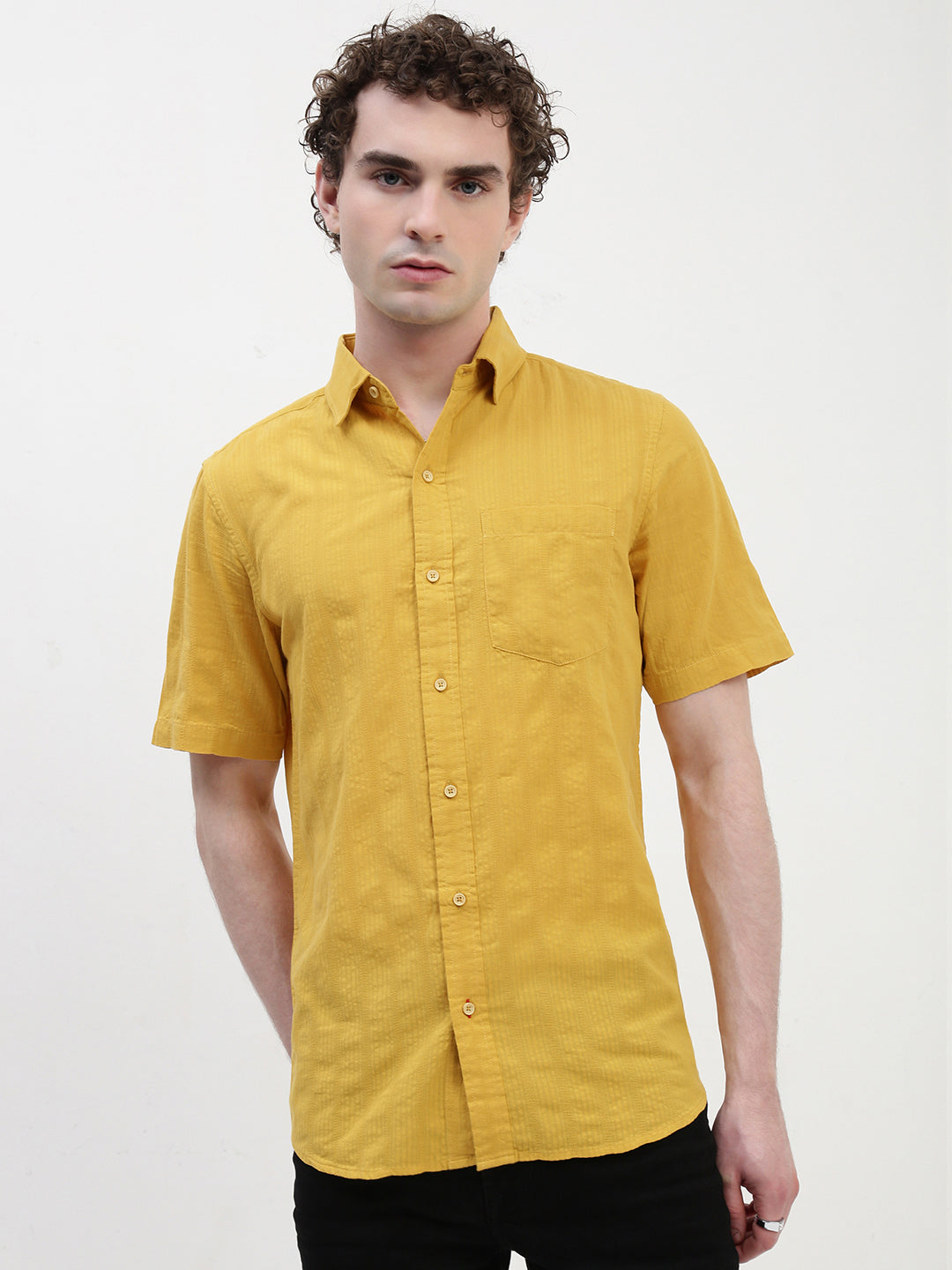 Yellow Half Sleeve Relsx Fit Shirt With Pocket