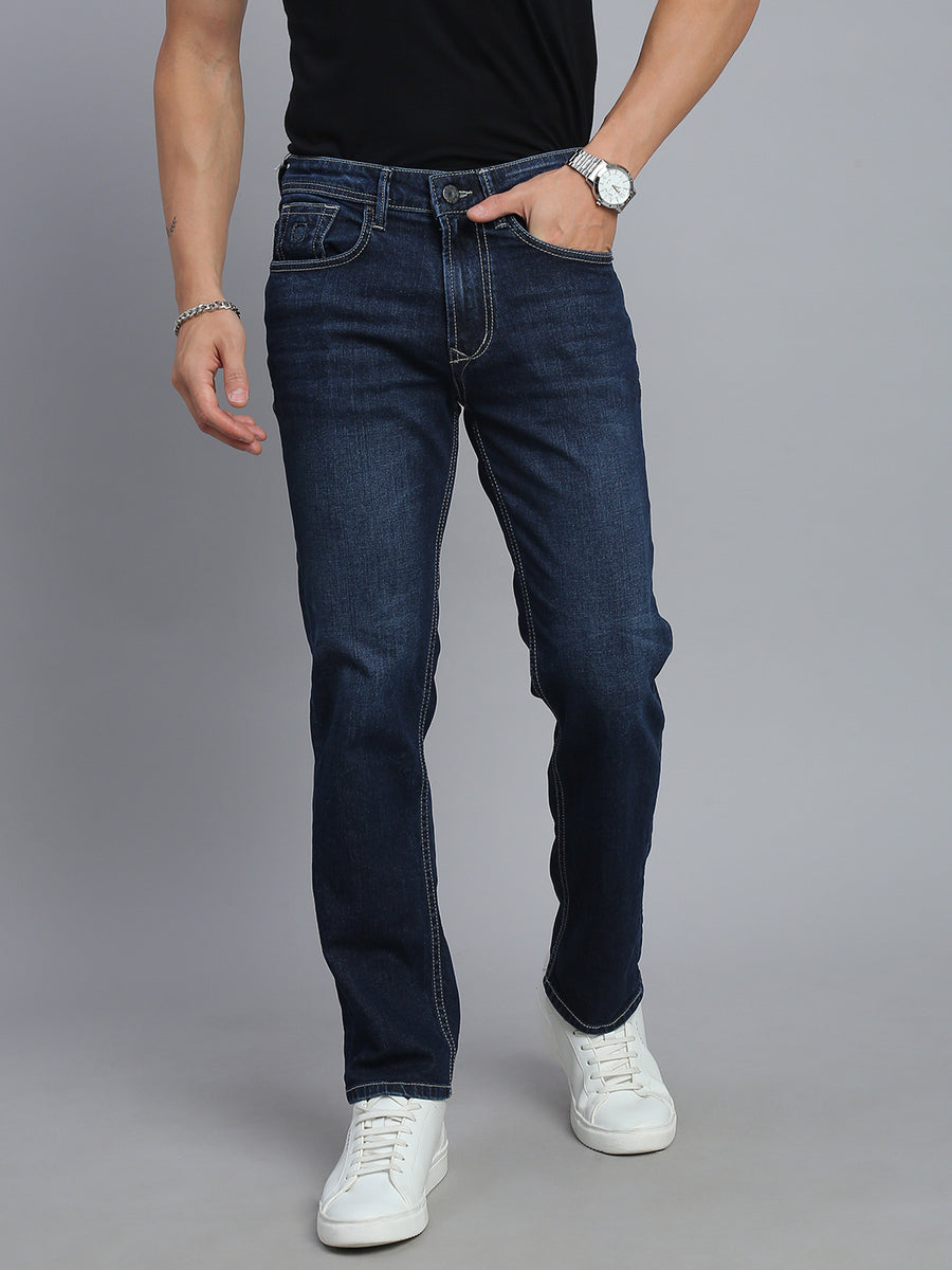 Dark Blue Regular Straight Fit Stretchable Jeans