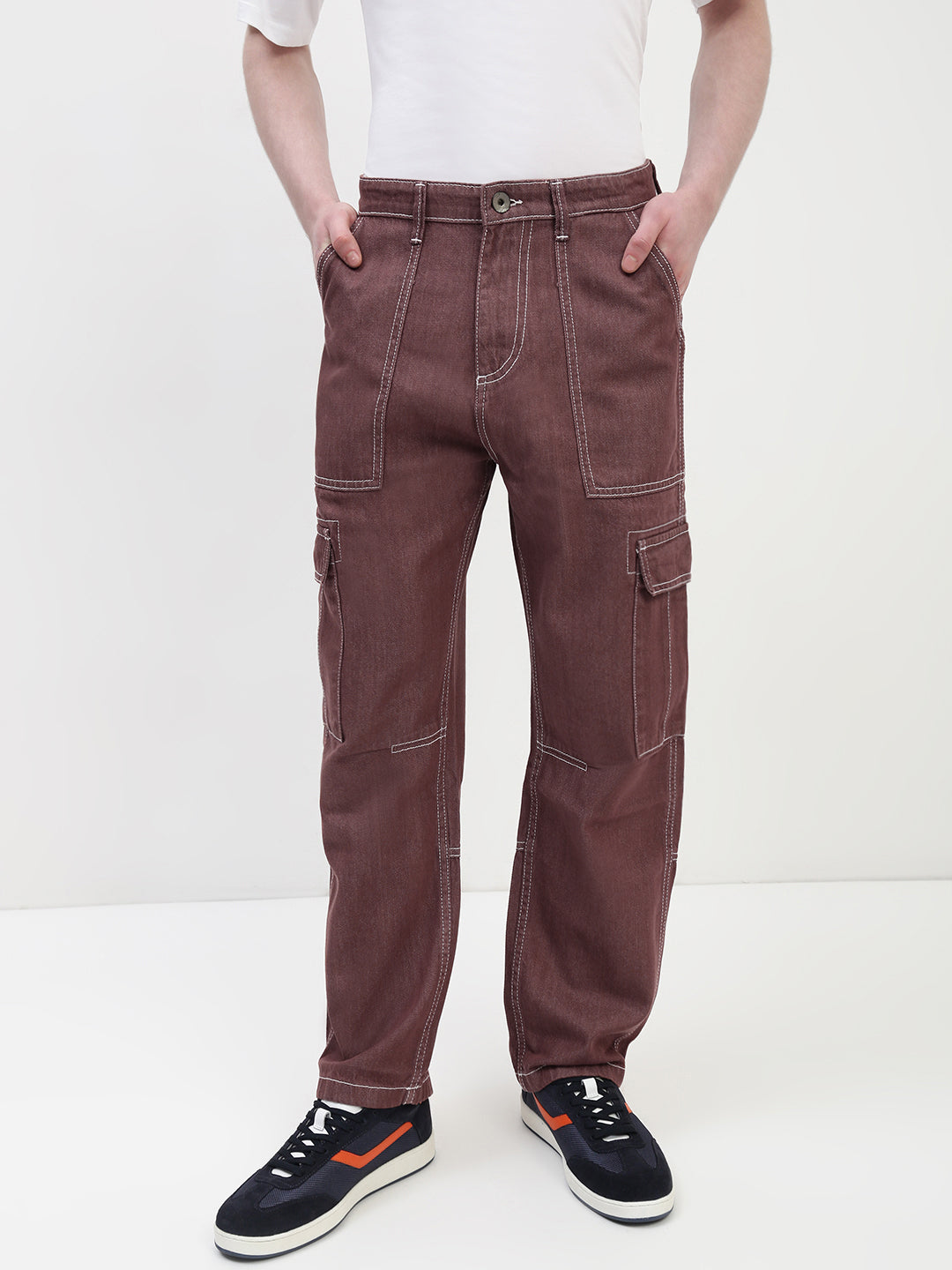 Red Brown Front Patch Pocket Loos Fit Cargo Paint