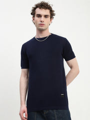 Crew Neck See Through Navy Blue Cotton T-Shirt