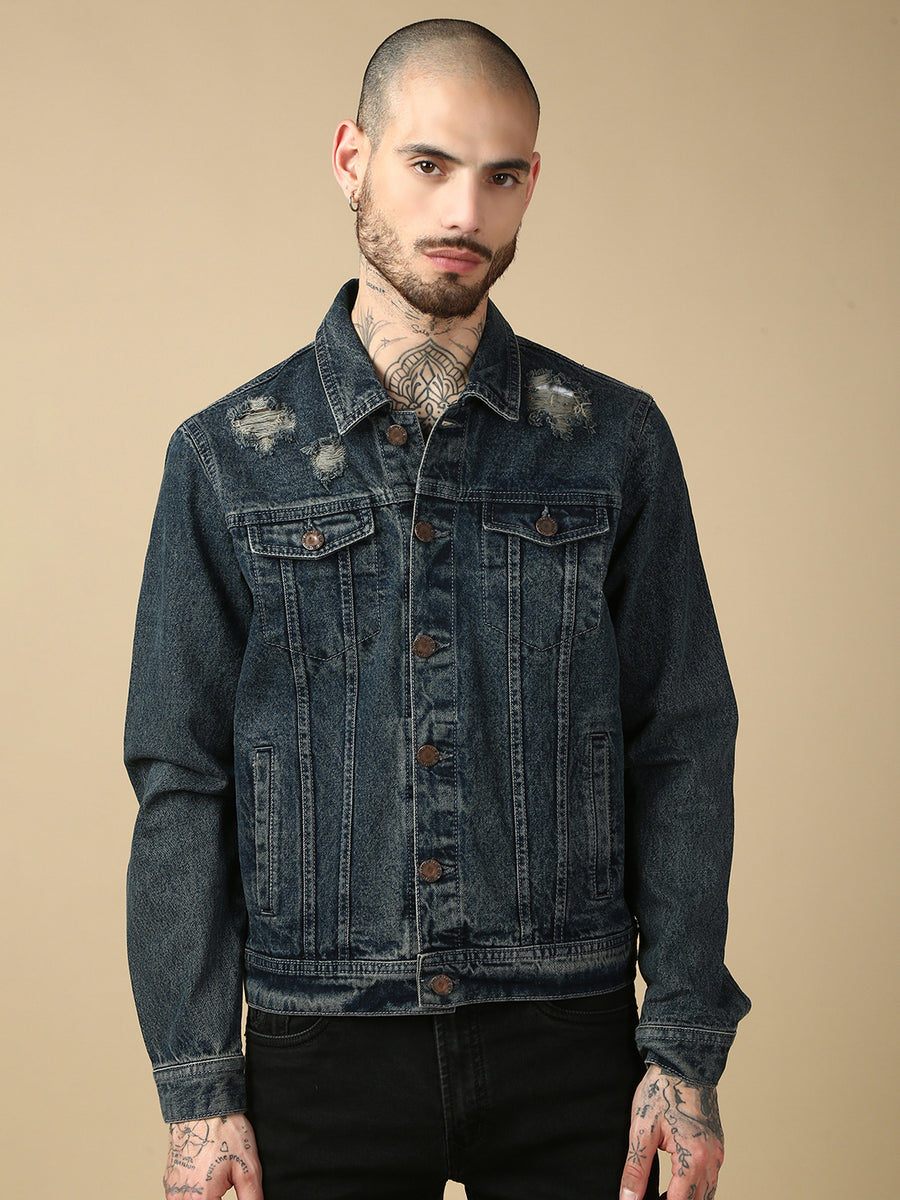 Vintage Blue Repeed Slim Fit Denim Jacket