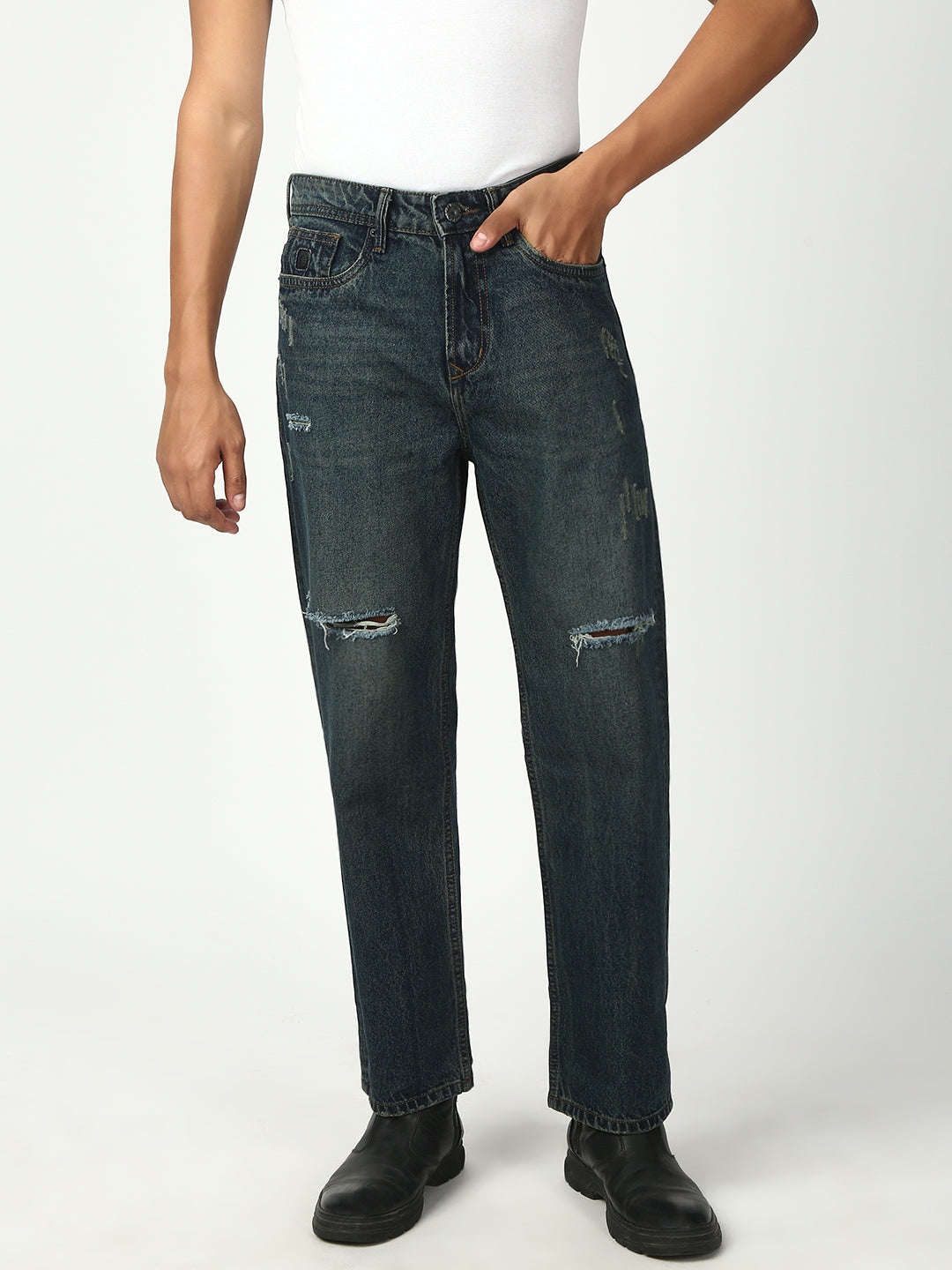 Vintage Blue Ripped Straight Fit Jeans