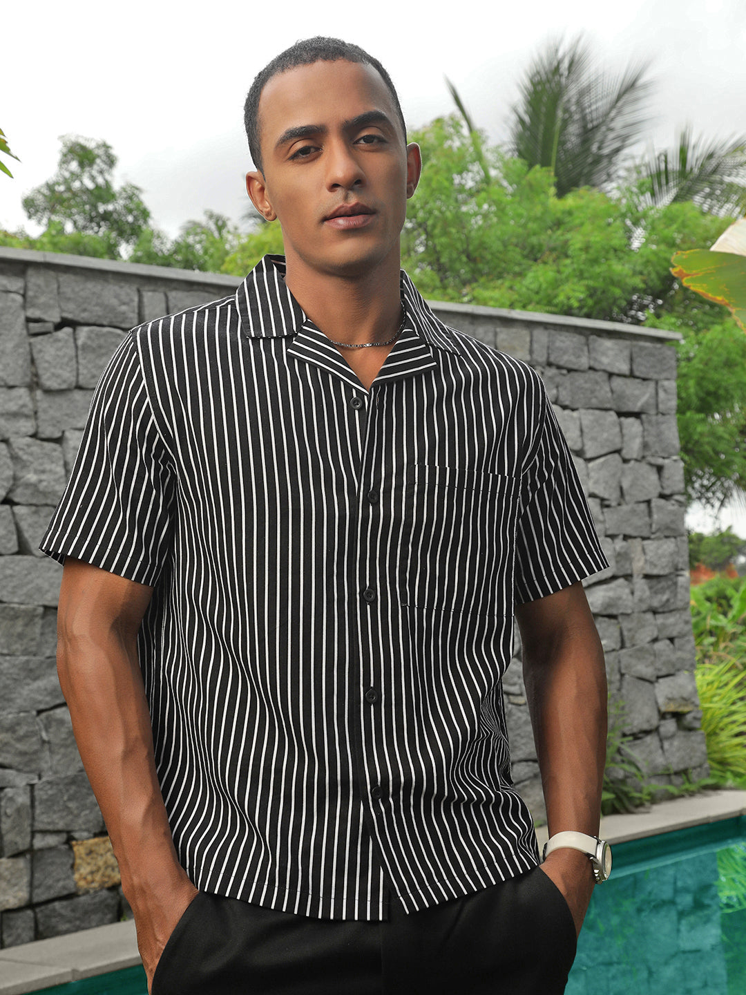 Self Stripe Half Sleeve Oversize Shirt With Pocket