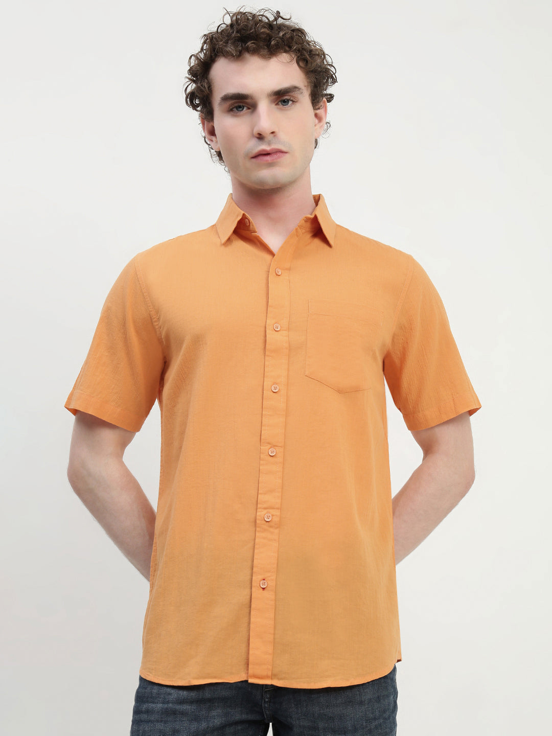 Orange Half Sleeve Relsx Fit Shirt With Pocket