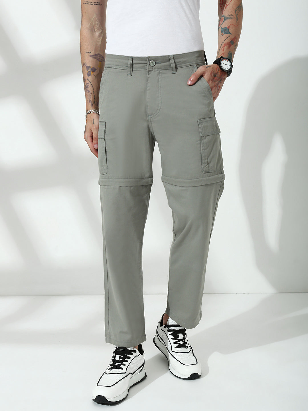 Grey  Detachable Convertable Regular Fit Cargo Paint