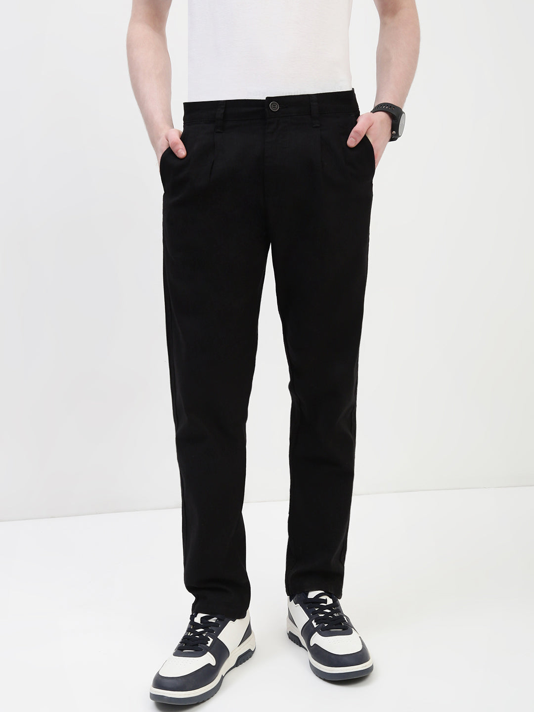 Black Relax Fit Cross Pocket Cotton Linen  Pants