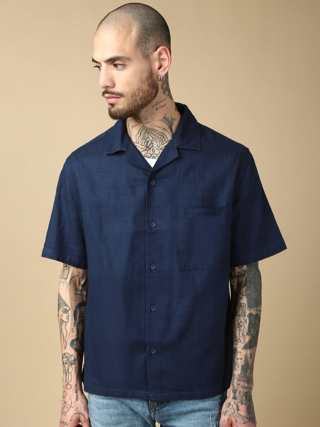 Blue Half Sleeve Oversize Shirt With Pocket