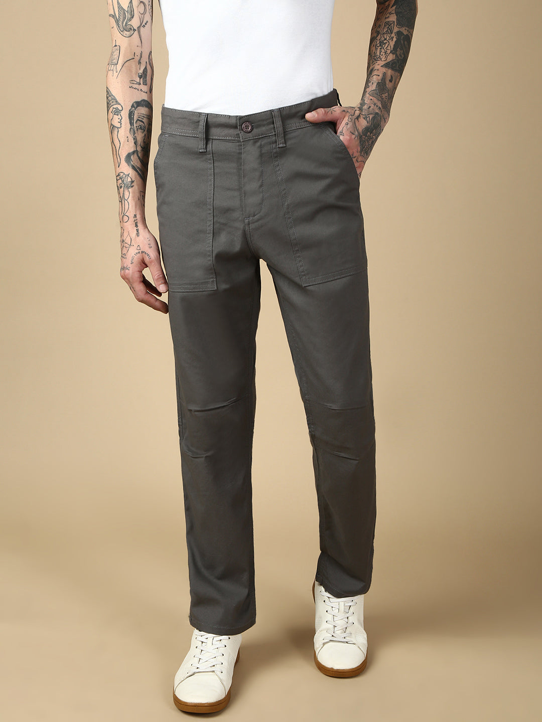 Grey Front Patch Pocket Straight Fit Cargo Paint