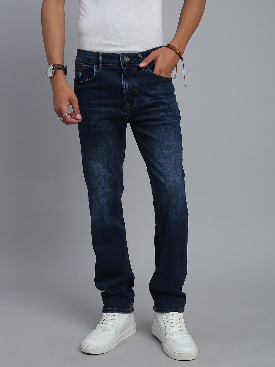 Dark Blue Regular Straight Fit Stretchable Jeans