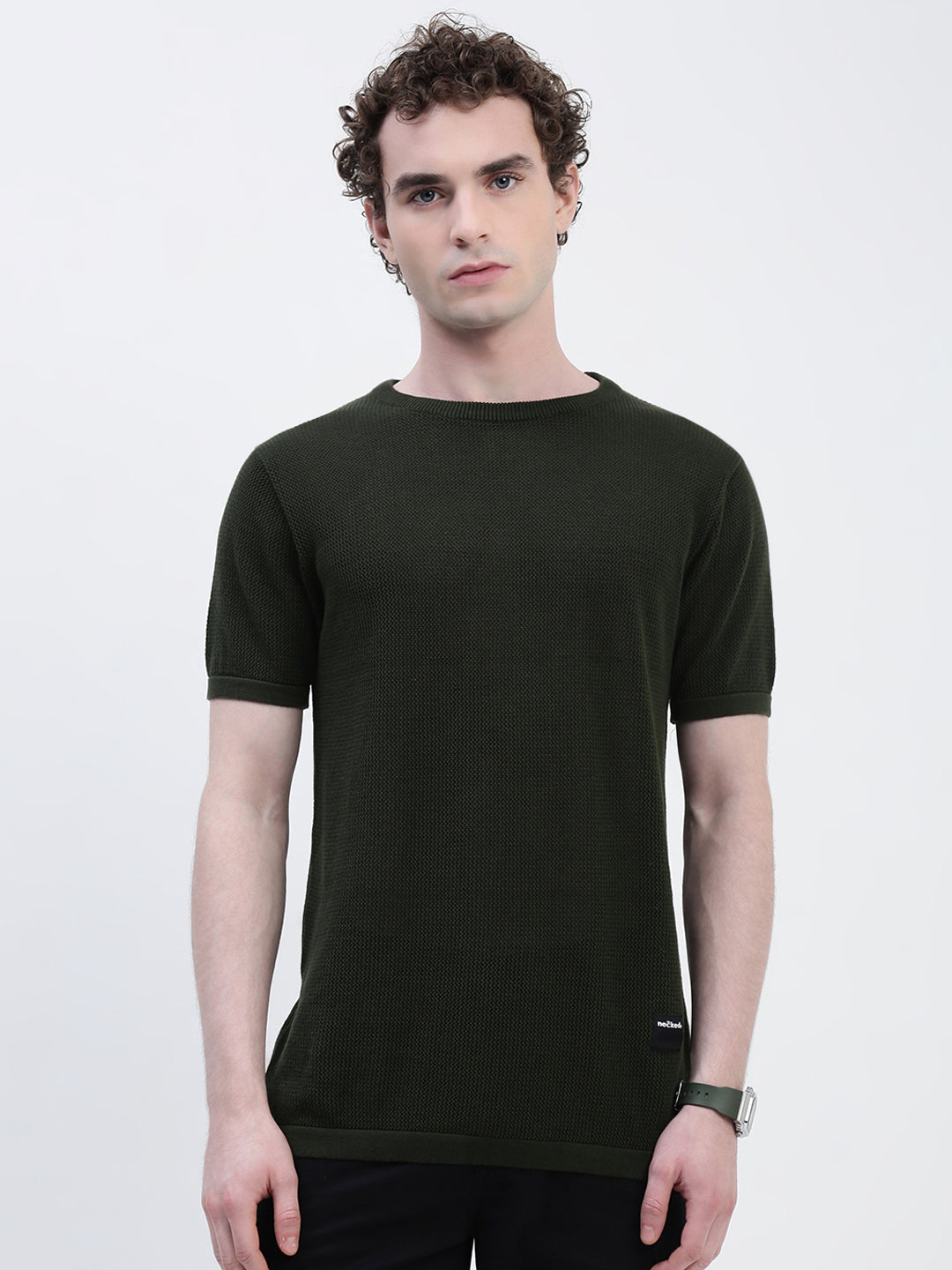 Crew Neck See Through Olive Cotton T-Shirt