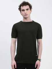 Crew Neck See Through Olive Cotton T-Shirt