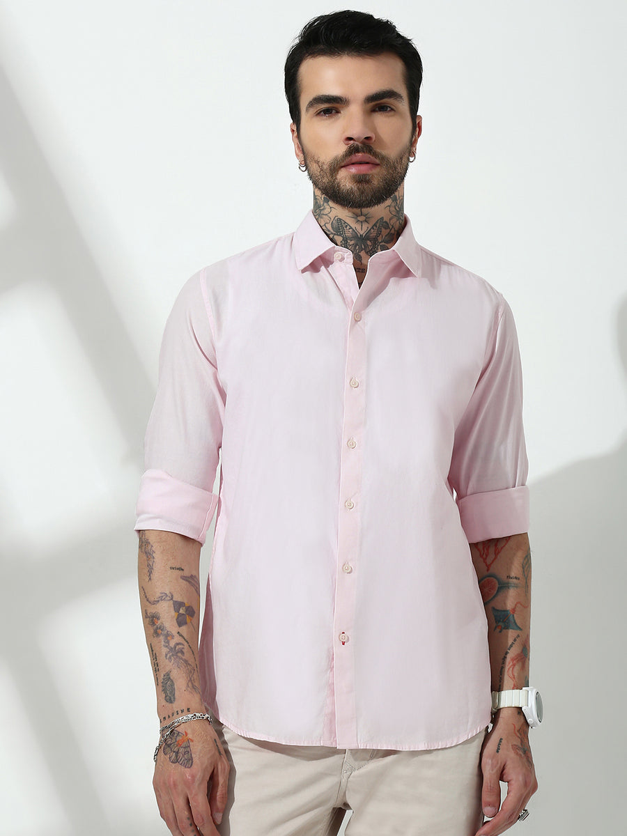 Pink Full Sleeve Slim Fit Shirt Without Pocket