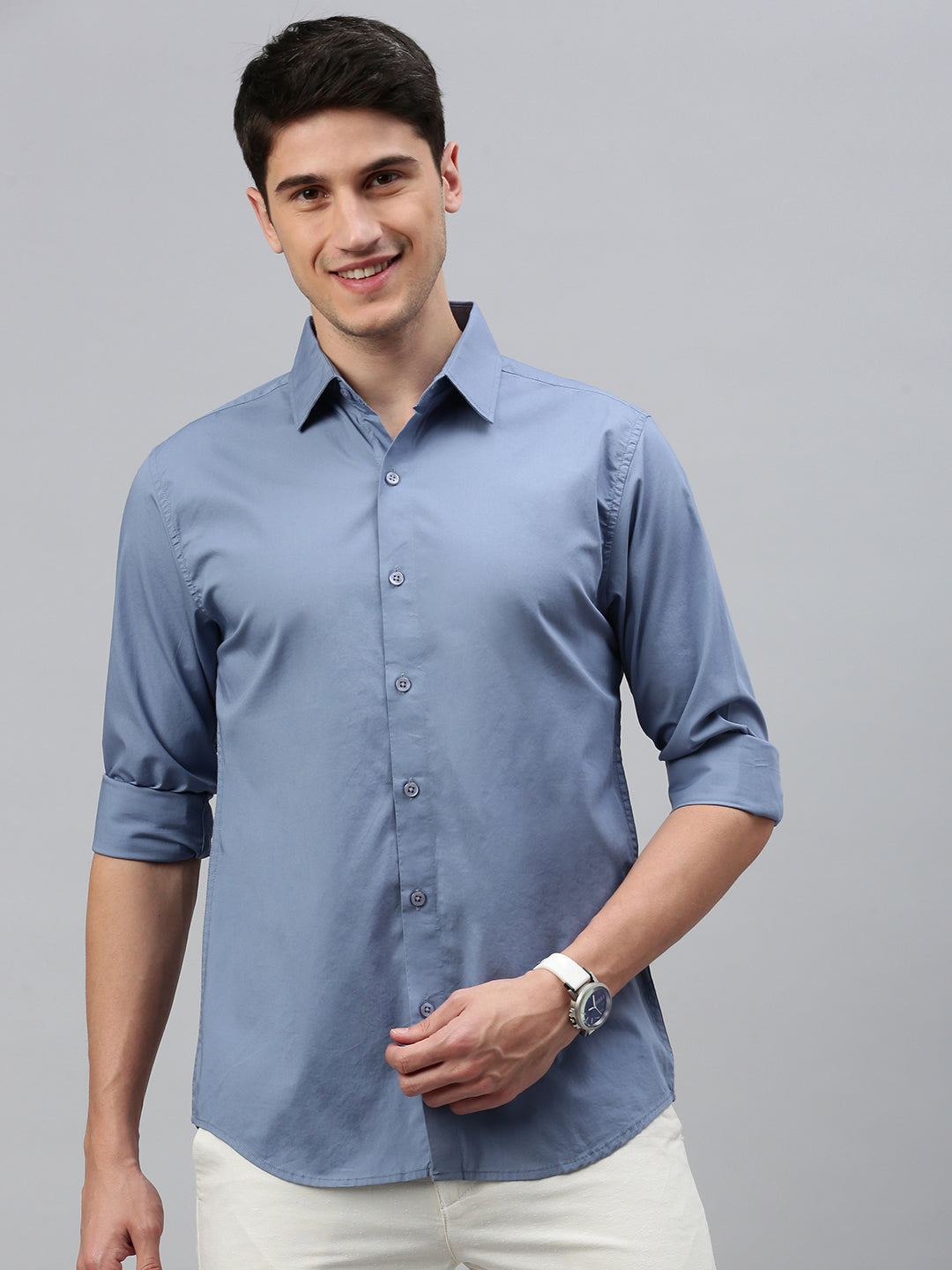 Cloud Blue Solid Poplin Stretch Shirt Without Pocket