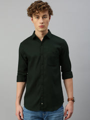 Dark Green Honey Comb Dobby Weave Stretchable Shirt With Patch Pocket