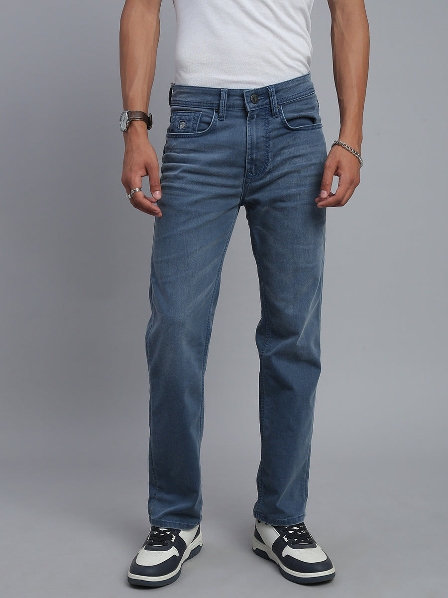 Light Indigo Blue Regular Straight Fit Stretchable Jeans
