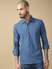 Steel Blue Full Sleeve Slim Fit Shirt Without Pocket
