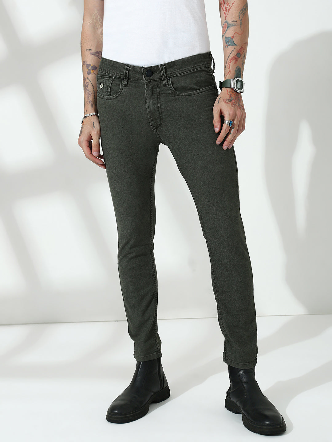Green Poly Stretch Trapped Fit Jeans