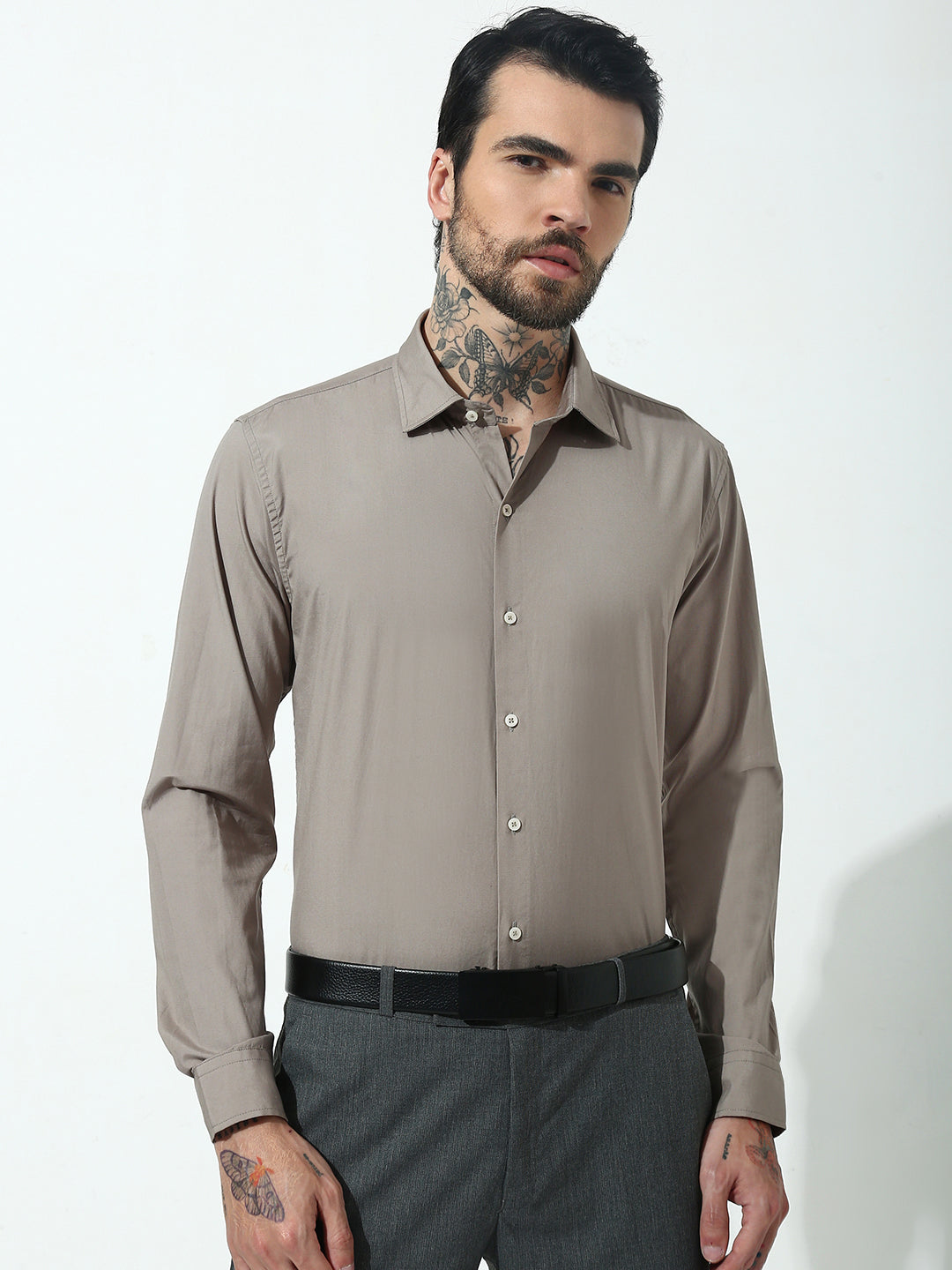 Beige Full Sleeve Slim Fit Shirt Without Pocket