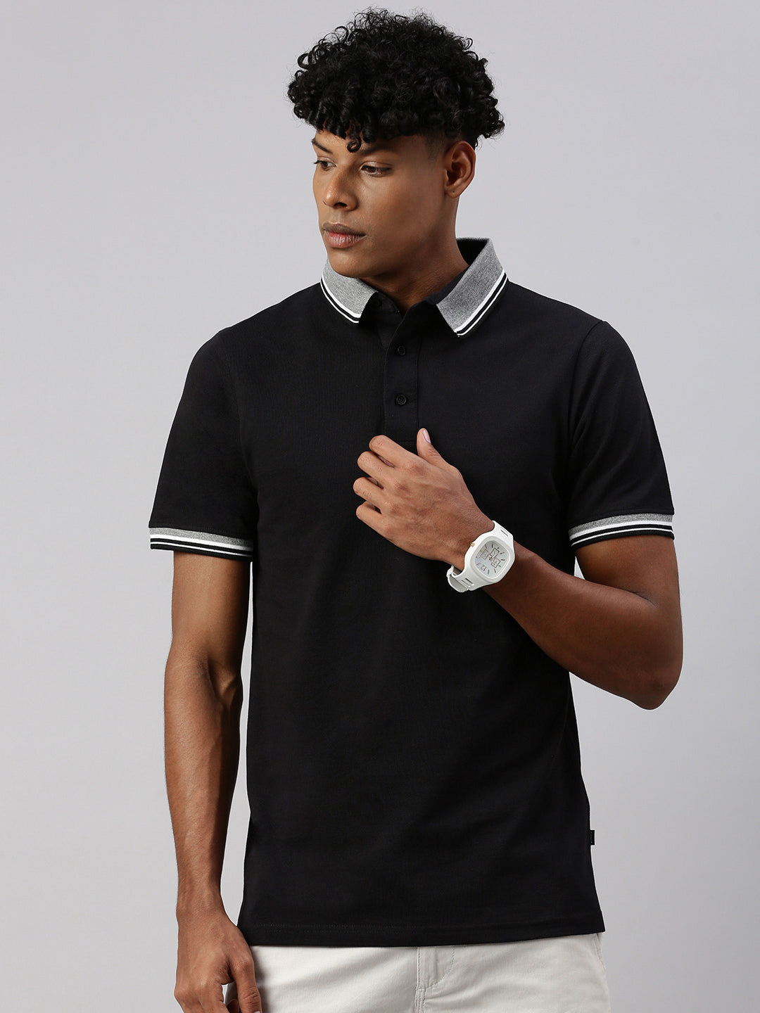 Black  Polo Collar Half T-Shirt