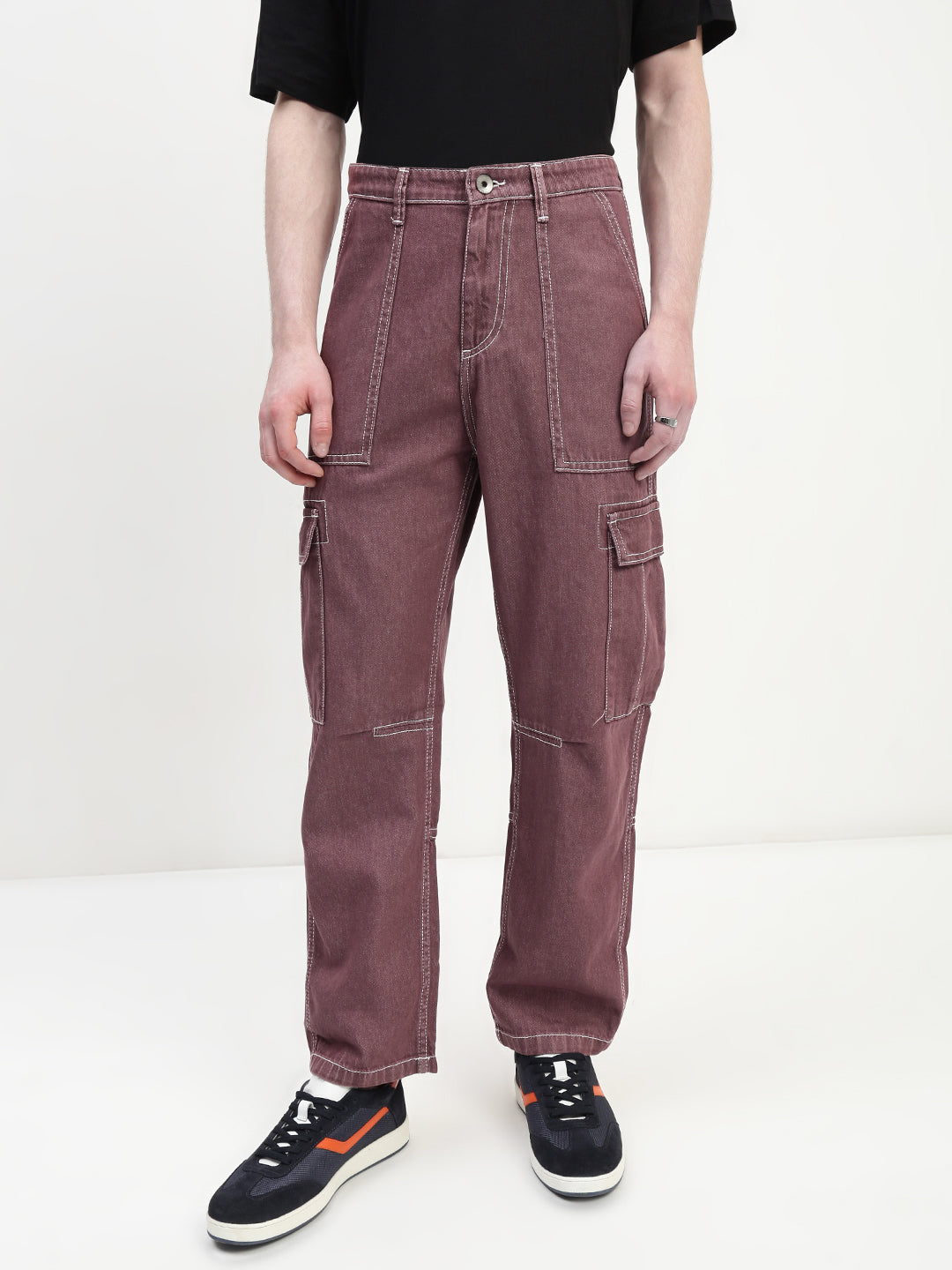 Wine Red Front Patch Pocket Loos Fit Cargo Paint