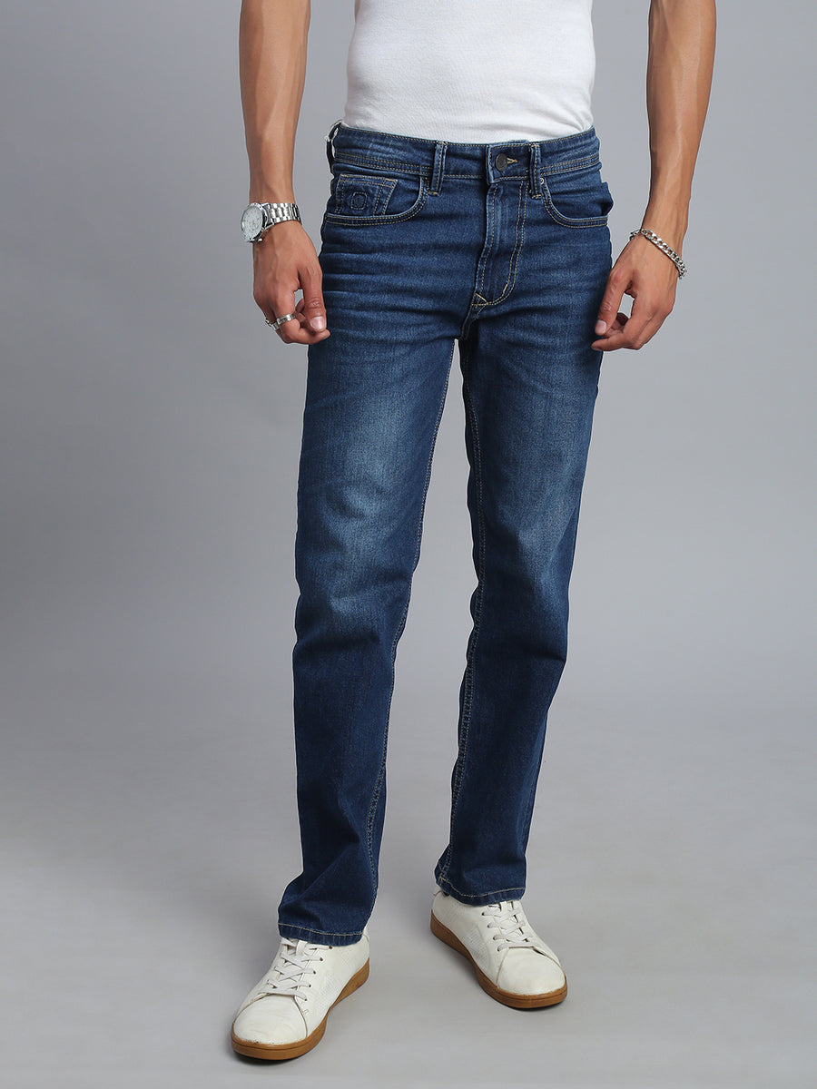 Dark Blue Regular Straight Fit Stretchable Jeans