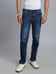 Dark Blue Regular Straight Fit Stretchable Jeans