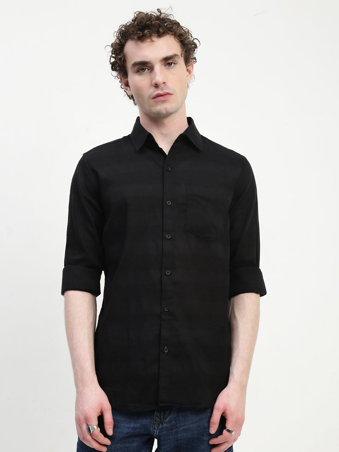 Black Dobby Full Sleeve Slim Fit Shirt With Pocket