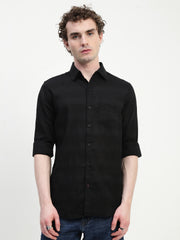 Black Dobby Full Sleeve Slim Fit Shirt With Pocket