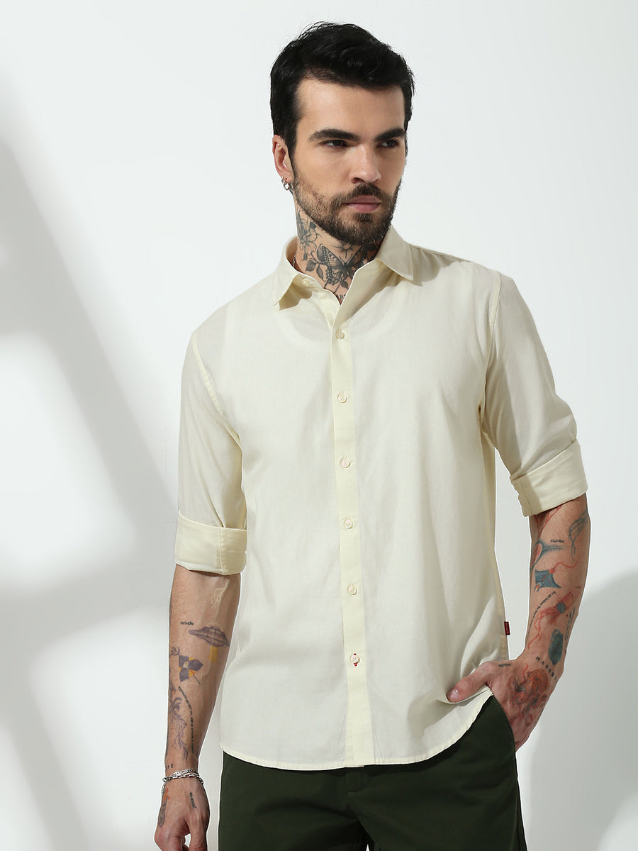 Cream Full Sleeve Slim Fit Shirt Without Pocket
