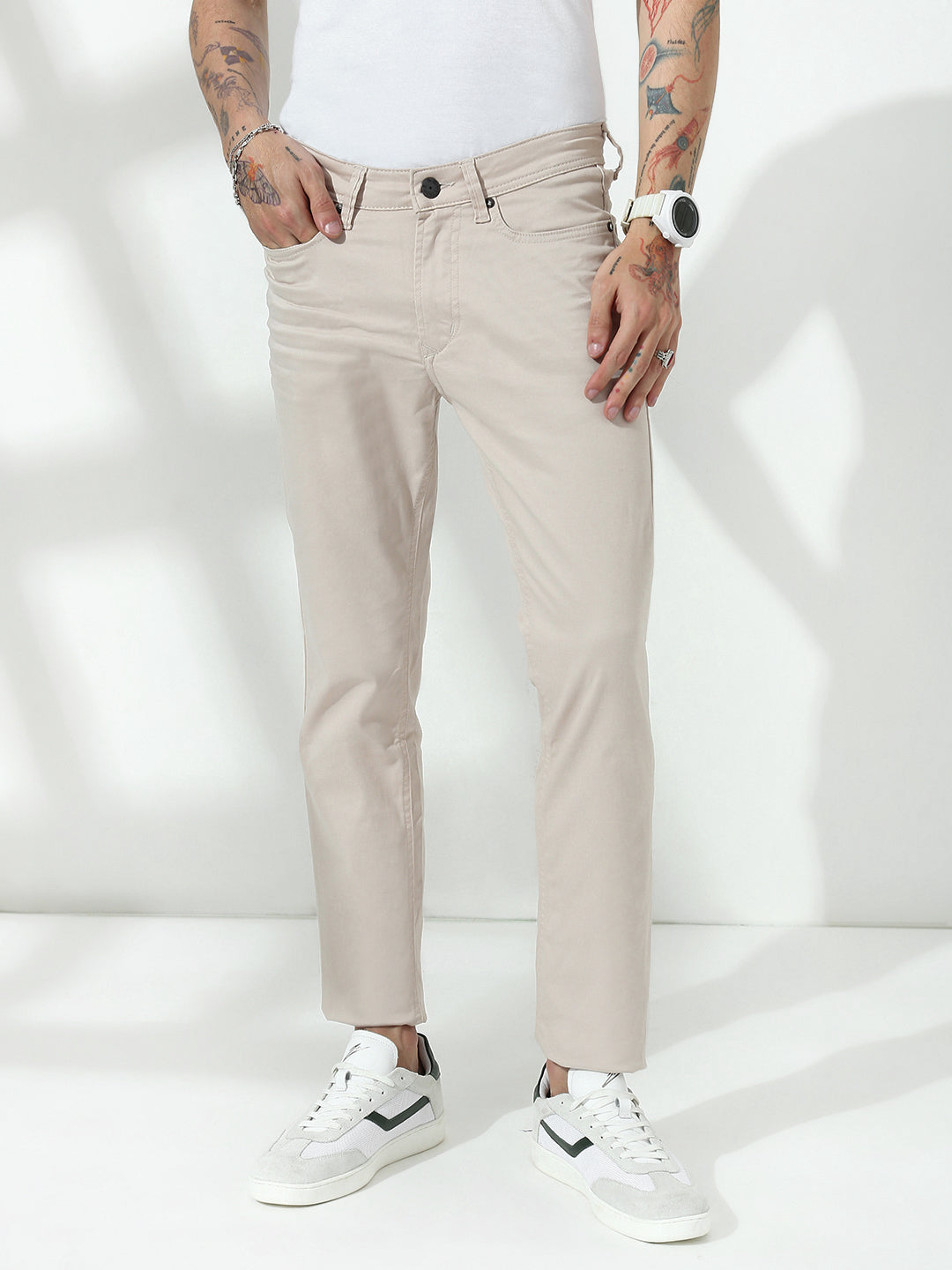 Cream  Slim  Fit Cross Pocket  Satin  Pants