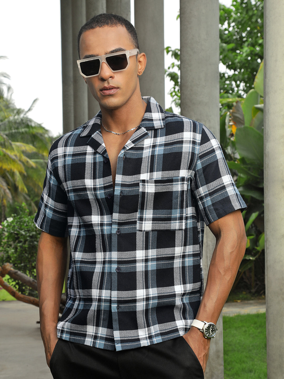 Checks Half Sleeve Oversize Shirt With Pocket