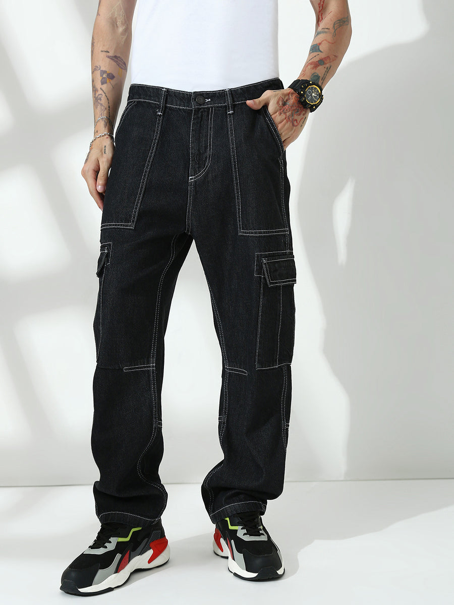 Black Front Patch Pocket Loos Fit Cargo Paint