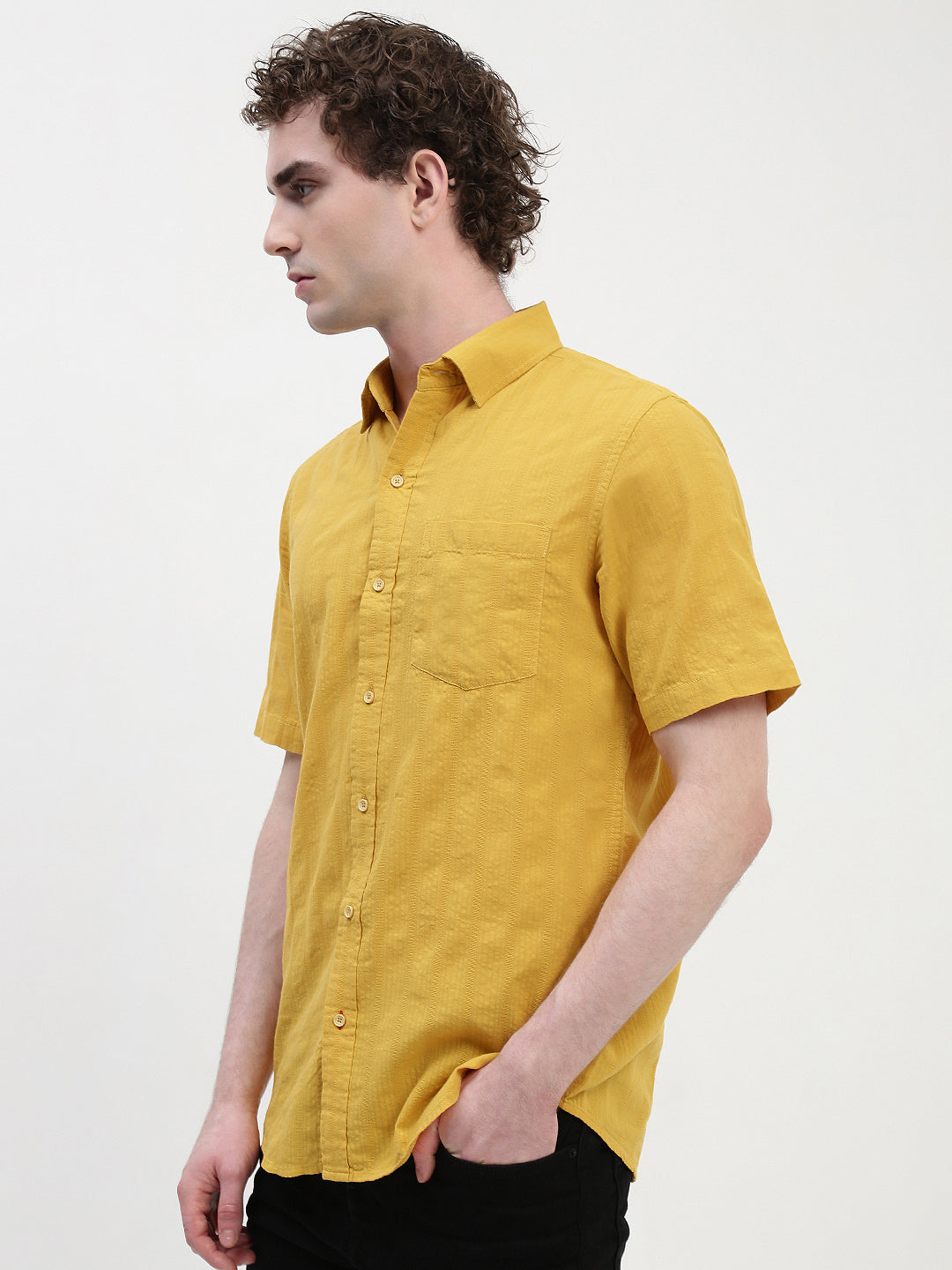 Yellow Half Sleeve Relsx Fit Shirt With Pocket