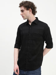Black Dobby Full Sleeve Slim Fit Shirt With Pocket